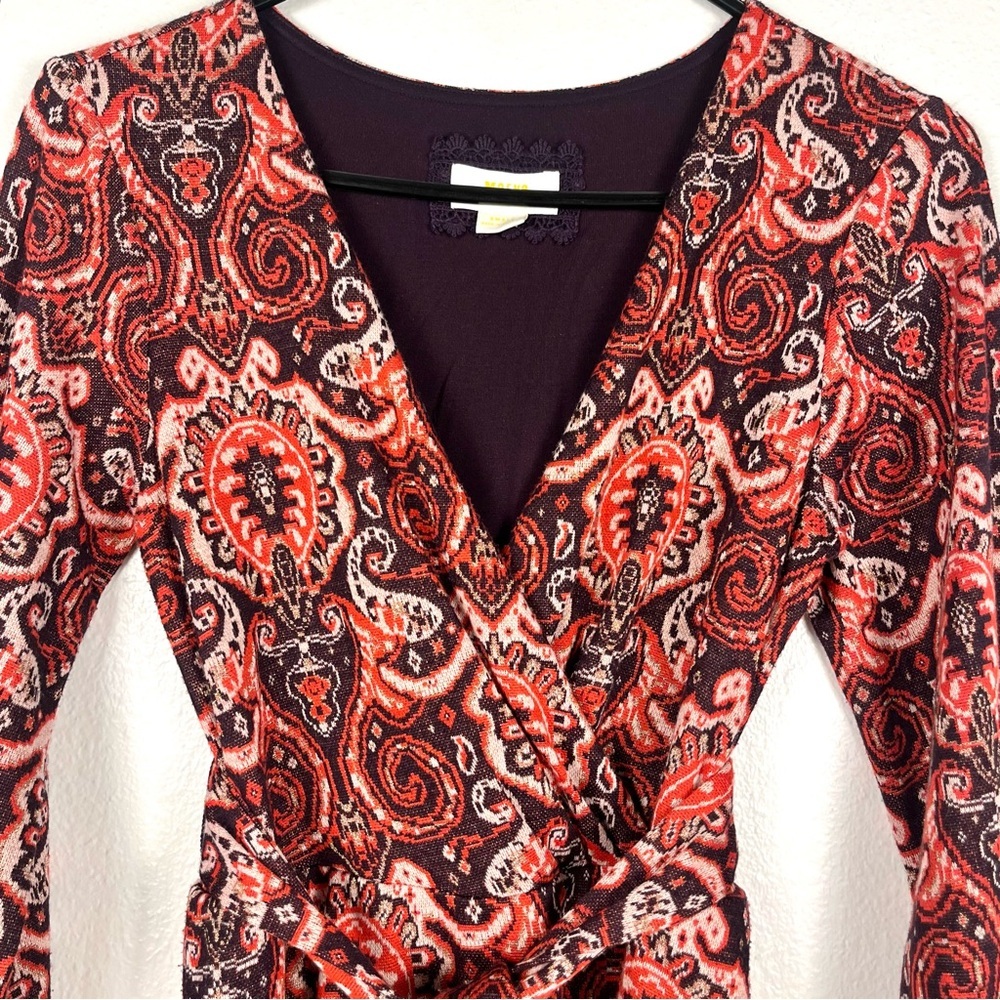 Anthropologie Maeve Belted Paisley V-Neck Long Sleeve A-Line Knit Dress Small - Picture 4 of 8